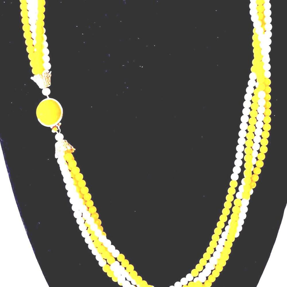 Retro 50s Japan Yellow+White Silver Tone 4 Strand Beaded Necklace Box Closure